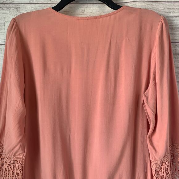L'affaire Boho Pink Tunic Top with Crochet Lace Detail 3/4 Length Sleeves Size L - Picture 6 of 13